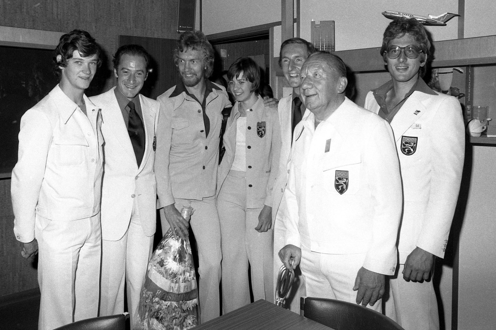 Die belgischen Medaillengewinner bei ihrer Rückkehr in Belgien. Ganz rechts im Bild: Edgar-Henri Cüpper (Bild: Belga-Archiv)
